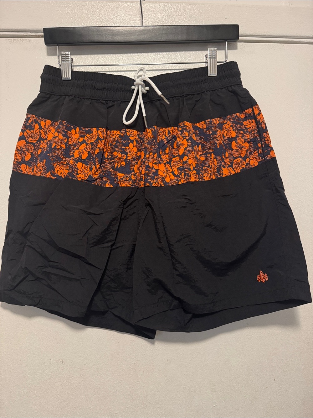 Preowned Black Swim Shorts with Orange Floral Stripe Size:Medium